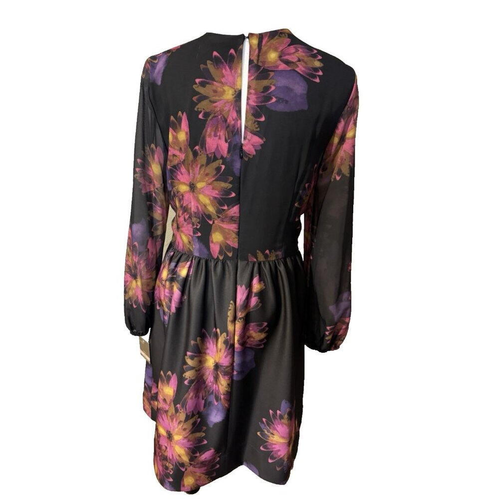 Taylor Dress 12 Black Plum Pink Floral Sheer Long Sleeve A Line Stretch NEW - Picture 5 of 15